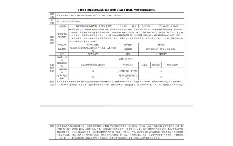 上虞區永和鎮永和村永和片物業用房項目地塊土壤污染狀況初步調查結果公示